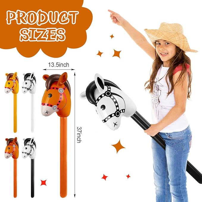 Chivao 12 Pieces Inflatable Stick Horse Cute Horse Head Stick Blow up Balloon Colorful Cowboy Cowgirl Party Decorations for Themed Birthday Party (White, Yellow, Brown, Black)
