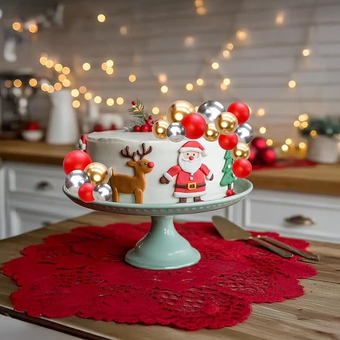 Gyufise 30Pcs Christmas Mini Balloon Cake Topper Foam Ball Cake Picks Cupcake Faux Pearl Balls DIY Cake Insert Topper Decoration for Christmas Graduation Birthday Party Red Gold Silver