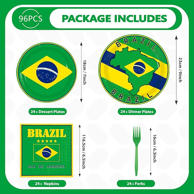 96 Pcs Brazil Flag Birthday Party Supplies Brazil Flag Party Plates and Napkins Disposable Brazilian Flag Tableware Set for Brazil Party Decorations Patriotic Event Birthday Family Gathering Serves 24
