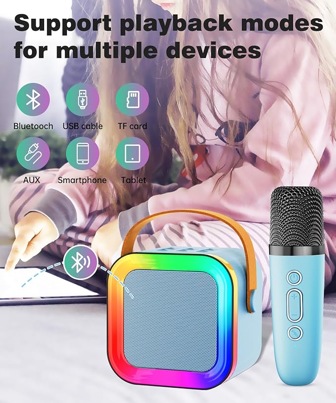 Mini Karaoke Machine Speaker for Kids Adults,Portable Bluetooth with 1-2 Wireless Microphones,Christmas Birthday Gifts Toys Girls Boys Ages 4, 5, 6,7, 8,9,10,11,12+ Years Old Toddler (Blue - 1 Mic)