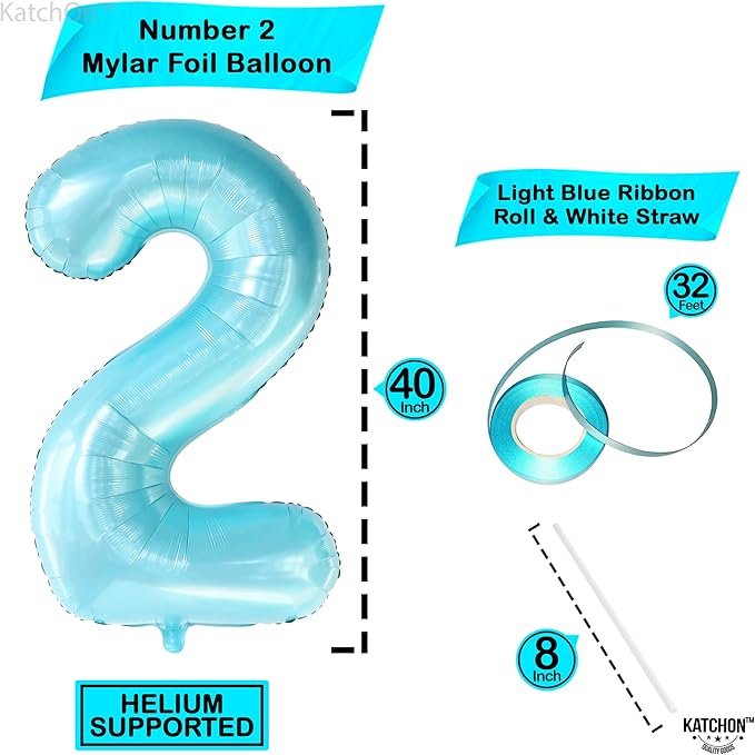 KatchOn Giant Light Blue Number 2 Balloon - 40 Inch | Light Blue 2 Balloon Number | Two Cool Birthday Party Decorations Boy | Light Blue 2nd Birthday Decorations for Boys