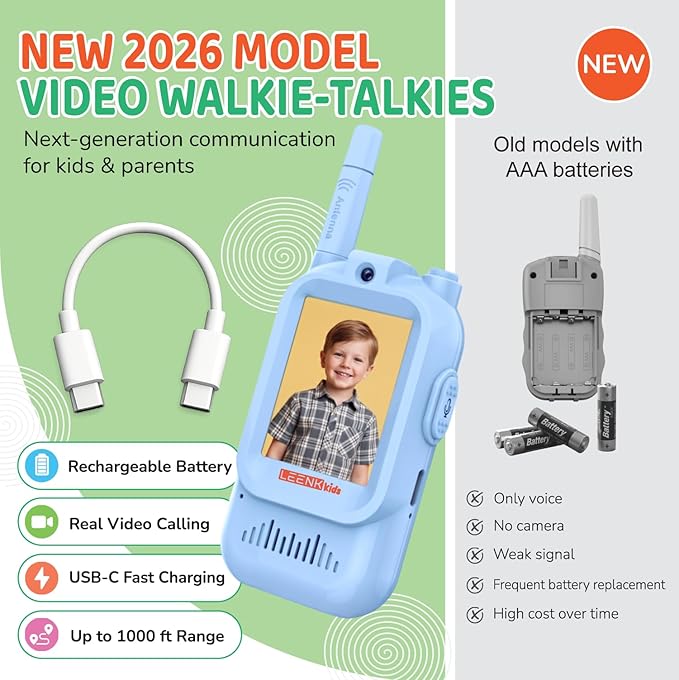 LEENK Kids Video Walkie Talkies 2 Pack – Rechargeable Video Intercom Handheld, Indoor & Outdoor Range, Easy Use for Ages 3-12, Eco ABS, Clear Voice & Long Distance Communication (Blue & Green)