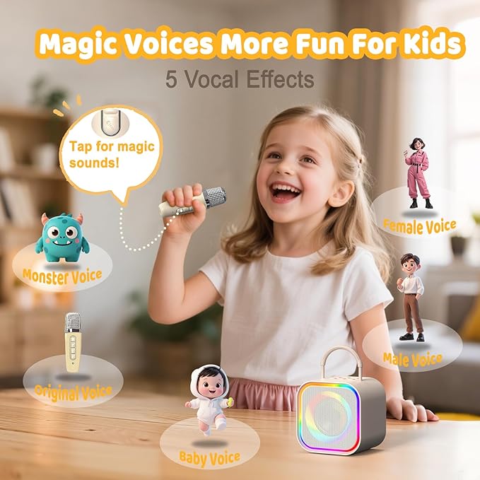 Karaoke Machine,Mini Karaoke Machine with 2 Wireless Mics (Built-in Storage),Portable Bluetooth Speaker, Fun Voice Effects/Dynamic LED Lights -Christmas Birthday Gifts for Girls Ages 4-12 -Beige