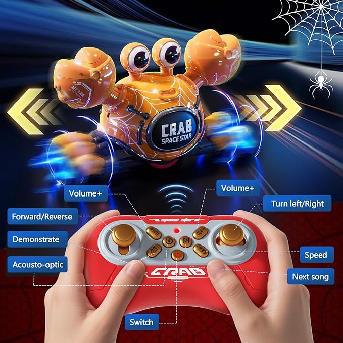 Remote Control Robot Crab Toy,Rechargeable With LED Lights And Music, Fast Crawling 360-Degree Stunt Rotation, 2.4GHz RC Robot Toys, 3 4 5 6 7 8 9 10 Birthday Gifts For Boys And Girls（Yellow)