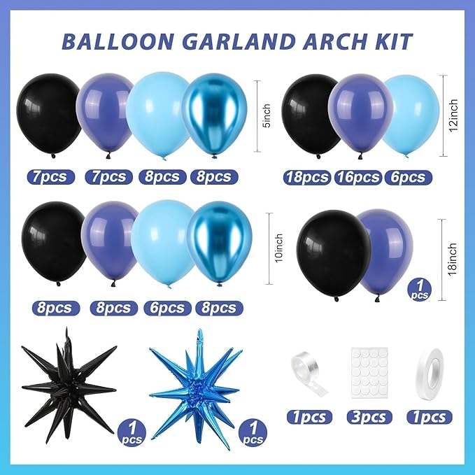 Blue and Black Balloon Arch Kit,Royal Light Blue Metallic Blue Black Balloons with Star Foil Balloon for Kids Boy Blue Birthday Baby Shower Anniversary Graduation Wedding Police Party Decorations