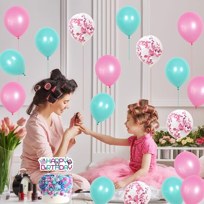 Roetyce Makeup Birthday Party Decorations - 46PCS Kit, Pink Spa Themed Birthday Supplies With Banner, Balloons, Cake Topper