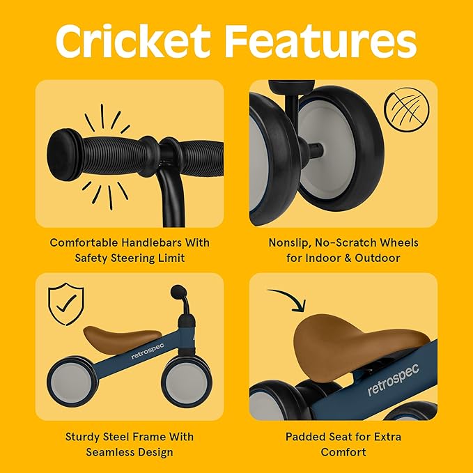 Retrospec Cricket Baby Balance Bike, 4-Wheel Ride-On Toy for Ages 12-24 Months – First Bike & Toddler Bike for 1 Year Old Boys & Girls, First Birthday Gift