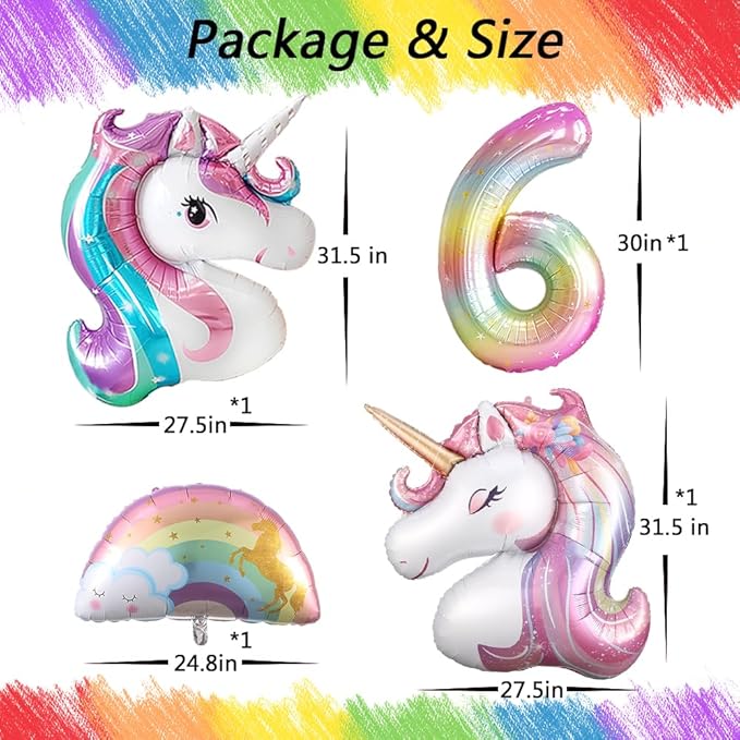 Pastel Rainbow Unicorn 6th Birthday Party Decorations, Pink Purple Balloon with Large Unicorn Helium Balloons for Girl Birthday Party Garden & Fairy Theme Spring Decor (number 6 set)