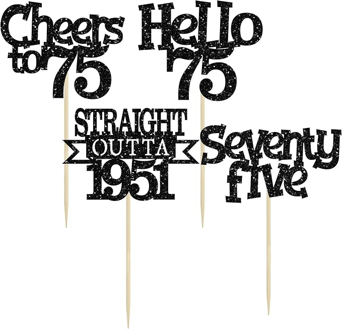 Ephlyn 24Pcs 75th Birthday Cupcake Toppers Glitter Straight Outta 1951 Cupcake Picks Hello 75 Cheers to 75 Years Cake Decorations for 75th Birthday Anniversary Party Decorations Supplies Black