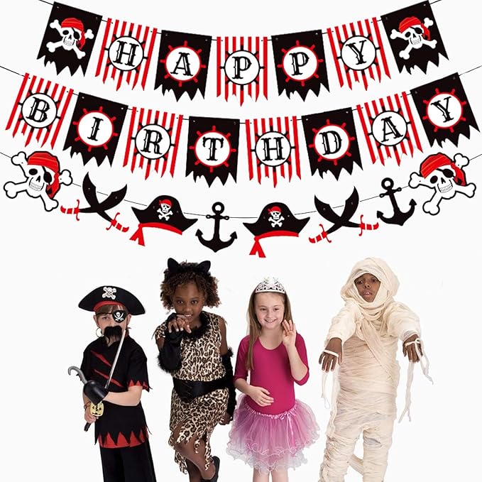 Zwiebeco Red Black White Pirate Happy Birthday Banner Bunting Garland Sign for Boys Girls Kids Teenagers Mens Womens Adults Sea Rover Themed Party Decorations Supplies