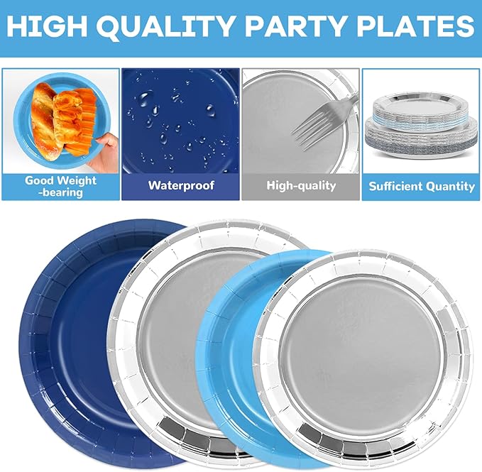 96Pcs Navy Blue and Silver Birthday Party Decorations Blue and Silver Paper Plates and Napkins Sets Navy Tablewares Dinnerwares for Men and Boys Birthday Baby Shower Party Supplies Favors 24 Guest
