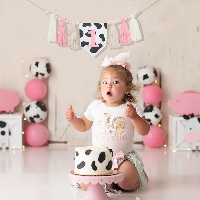 Holy Cow 1st Tassels Banner Birthday Decorations Girl - First Highchair Tassels Banner, High Chair Wood Beads Garland Party Supplies, Pink Black White, Photo Props, Handmade