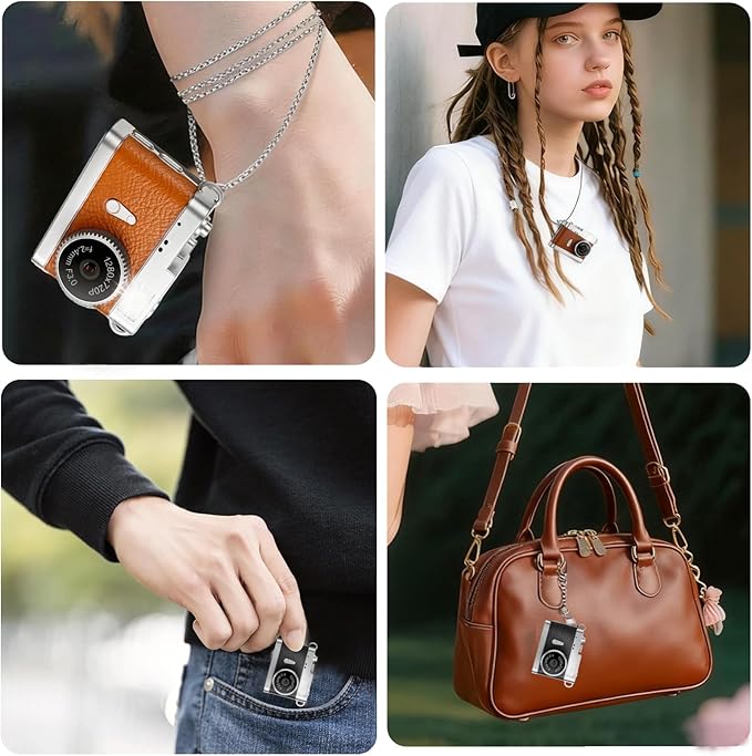 KOOMTOOM Keychain Camera,720P HD Mini Retro Camera,Tiny Digital Photocamera with 32GB SD Card,0.96'' Pocket Video Recorder Gift for Kids Students,Suprise Box Included(K142 - Red Brown)