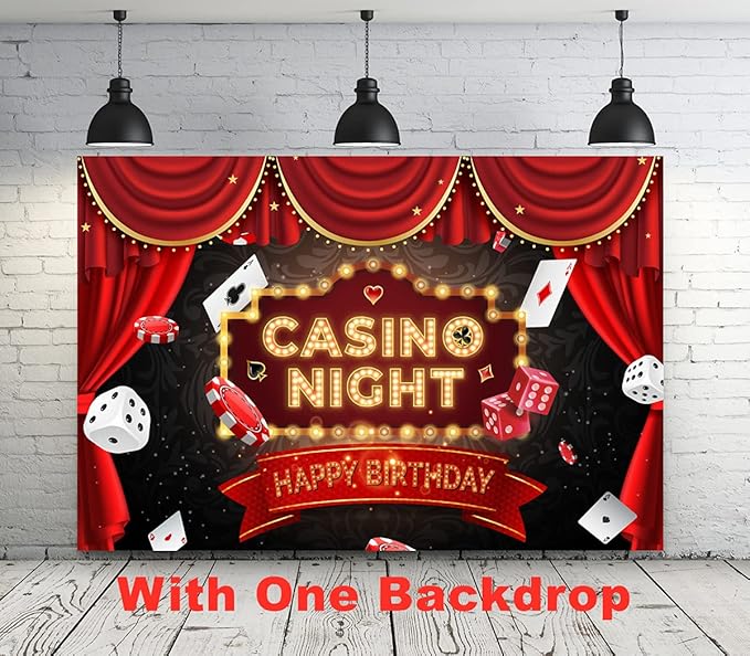 Casino Theme Party Decoration Las Vegas Birthday Party Dino Casino Night Poker Party Supplies Set for Adults Include Balloon Garland Kit, Casino Backdrop, Cake Toppers, Gold Curtain and Foil Balloons