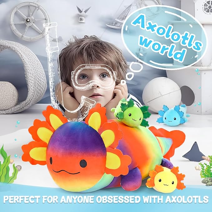 4Pcs Axolotl Plush, Giant Salamander Stuffed Animal Mommy 24 Inch with 3 Babies in Tummy, Cuddly Gifts for Kids Girls Boys
