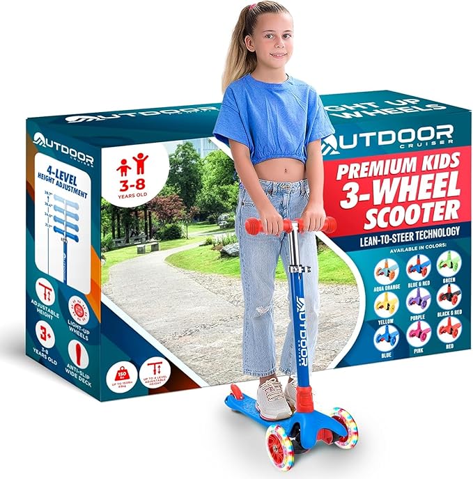 Outdoor Cruiser 3-Wheel Kids Scooter – with Lean-to-Steer Technology, Led Lighted Wheel, 4-Level Adjustable Height T-bar Handle, Support Kids Up to 150 Lbs, for Boys & Girls Ages 3-8, Blue and Red