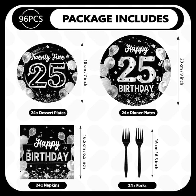 Grencian 96Pcs 25th Birthday Decorations for Men Women Black Silver 25th Birthday Party Plates Disposable Paper Tableware Set for Women Men Happy 25 Year Old Party Supplies, Serves 24