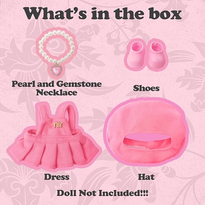 Clothes Compatible with LABUBU – Blue & White Tweed Dress with Bow, Bracelet & Shoes | 4PCS Couture-Inspired Outfit for 8-Inch Dolls (Rosy Macaron)