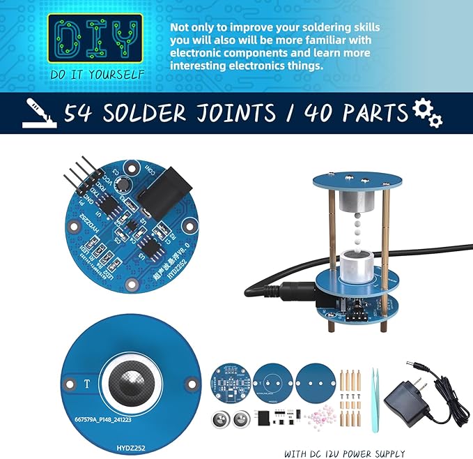 Electric Ultrasonic Levitator Kit, Soldering Projects Mini Cool Acoustic Levitator, Learning Teaching STEM Education Ideal Gift for Family and Friends, Come with 12V Power Supply (Blue with Power)