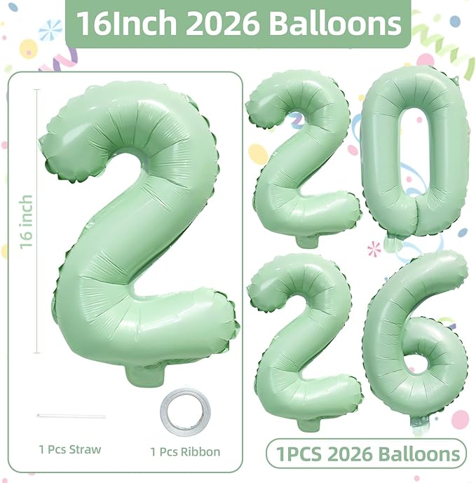 KALOR 16 Inch 2026 Olive Green Foil Number Balloons, 2026 New Years Decorations for 2026 Happy New Year Eve and Graduations Party Supplies
