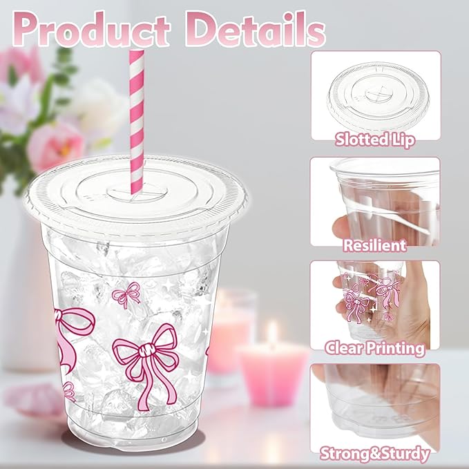 50 Pcs Pink Bow Plastic Cups with Lids and Straws,12 oz Lovely Bow Disposable Drinking Cups Pink Bowknot Theme Party Cup for Wedding Birthday Bridal Baby Shower Party Supplies