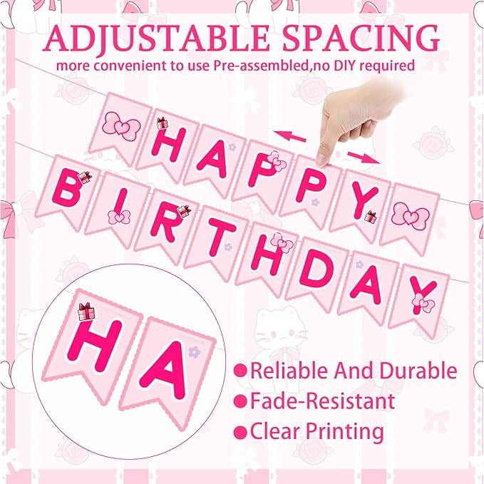TaoBary Pink Cute Kitty Happy Birthday Banner Pre-strung Hanging Sign Cartoon Cute Cat Party Decorations Cartoon Kitty Themed Party Decorations Banners for Girls Women Birthday Favors Supplies