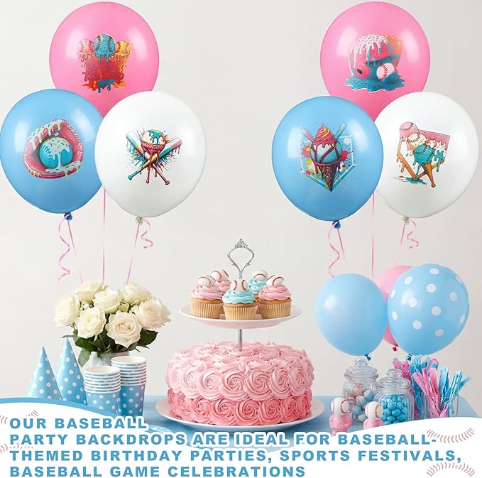 30 Pcs 10 Inch Ice Cream Drip Baseball Balloons with 32.8 ft Ribbon Pink and Blue White Baseball Balloon Decorations for Sport Themed Birthday Baby Shower Graduation Party Backdrop Supplies