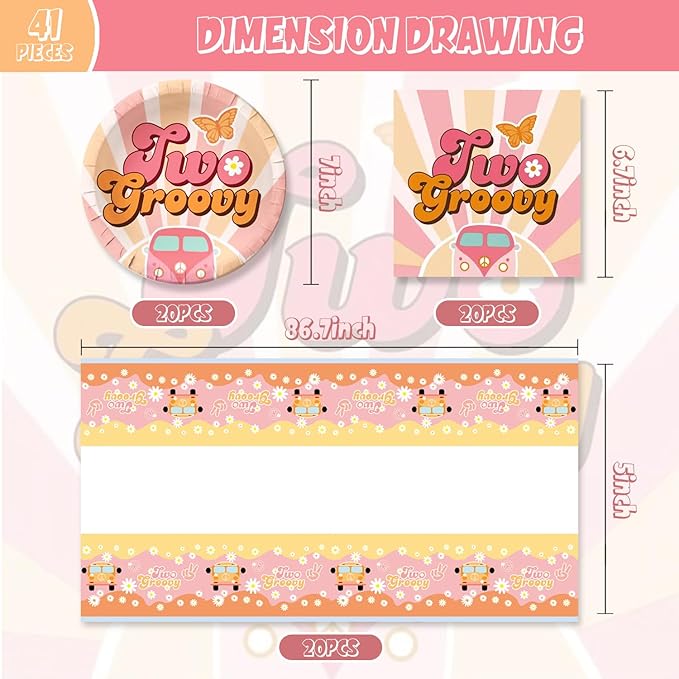 41pcs Two Groovy Party Supplies,include 20 Dessert Plate,20 Napkin and 1pcs Tablecloth,Used for Retro Hippie Rainbow Boho Birthday Party Decoration
