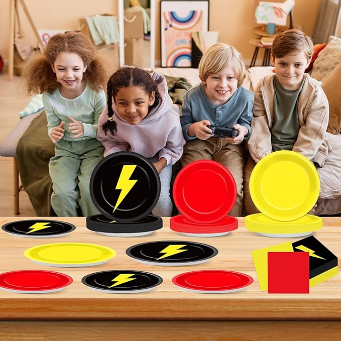 96PCS Red Black Yellow Birthday Party Decorations Cartoon Game Paper Plates Napkins Lightning Tableware Supplies Cartoon Animated Dinnerware for Birthday Table Party Favors