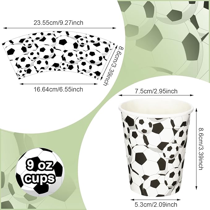 Teling 100 Pieces Soccer Themed Party Paper Cups Disposable 9oz Paper Cups for Sports Supplies Decorations Drinking for Birthday Party Favors