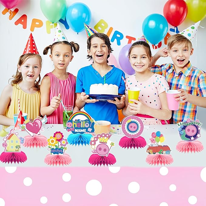 8Pcs Pink Pig Party supplies set Honeycomb Centerpieces Double Sided Table Topper for Birthday Decorations