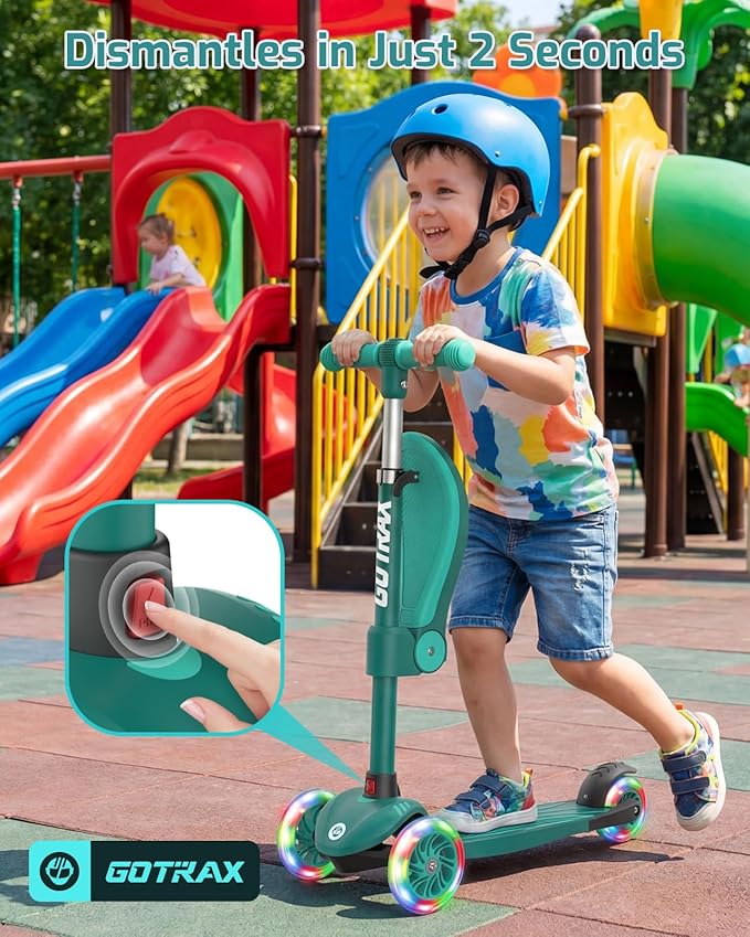Gotrax KS3 Kids Kick Scooter, LED Lighted Wheels, Adjustable Height Handlebars and Removable Seat, Lean-to-Steer & Widen Anti-Slip Deck, 3 Wheel Scooter for Kids Ages 2-8 and up to 110 Lbs