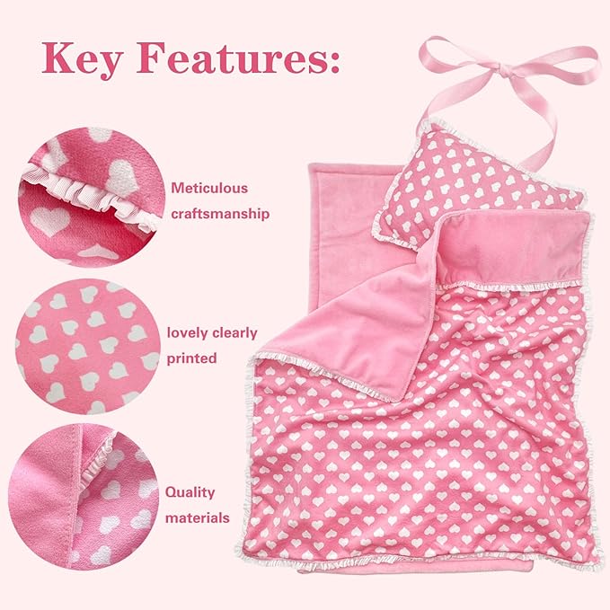 Baby Doll Accessories Dollhouse Bedding Set - Doll Blanket, Pillow & Mattress Playset for 18" Dolls,Gifts for Boys Girls Ages 3 4 5 Year Old (Pink Heart)