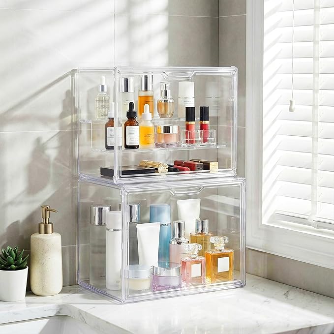 4 Pcs Clear Acrylic Display Case Plastic Stackable Storage Bins 3 Tier Display Shelf Storage Boxes Cabinet Organizer with Magnetic Door for Action Figures,Collectibles(Large)