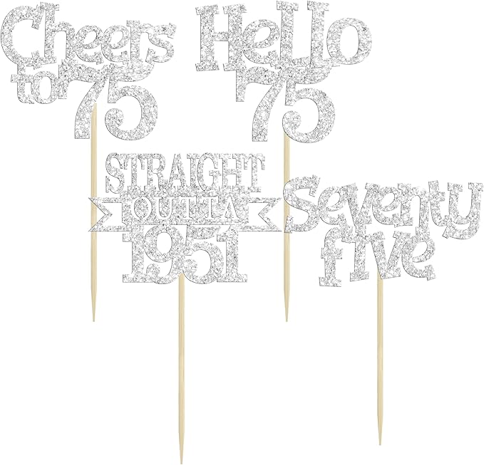 Ephlyn 24Pcs 75th Birthday Cupcake Toppers Glitter Straight Outta 1951 Cupcake Picks Hello 75 Cheers to 75 Years Cake Decorations for 75th Birthday Anniversary Party Decorations Supplies Silver