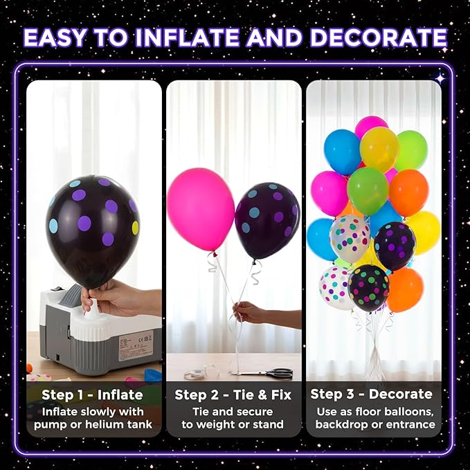 LovesTown 66PCS Glow Party Assortment, UV Neon 12" Fluorescent Latex Decorations with Dots for Birthday, Wedding & Party Supplies (Pack of 2)