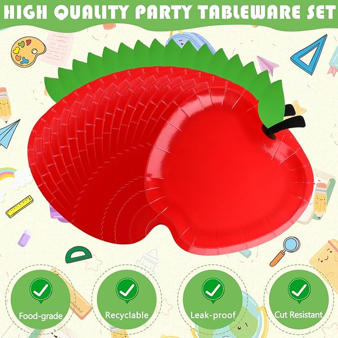 Bokon 96 Pcs/24 Set Preschool Graduation Decoration Apple Paper Plate Napkin and Cup First Day of School Party Supply Disposable Tableware for Teacher Kindergarten Graduation Back to School Party