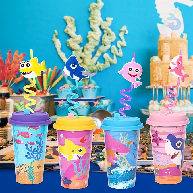 Lidmada Shark Party Favors Goodie Cups with Lids, 24 Pack Birthday Party Cups in 4 Colors, 16OZ Plastic Ocean Shark Themed Reusable Party Supplies Decorations Cups for Baby Kids Christmas Winter Gifts