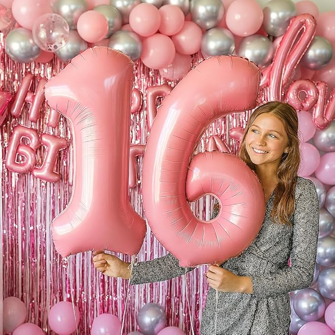 Pink Happy Birthday Balloon Set for Girls - 89 Pc Party Decorations for Women with 0-19 Number Balloons, Crown, Lipstick and Champagne Bottle Shapes, Confetti, Backdrop, Arch Kit, Assembly Supplies