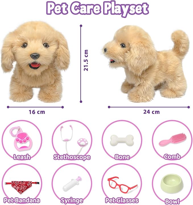 YH YUHUNG 2Pcs Walking and Barking Toy Dog with Remote Control Leash, Golden Retriever Electronic Interactive Toys for Kids - Walks, Barks, Wags Tail, Pretend Dress Up