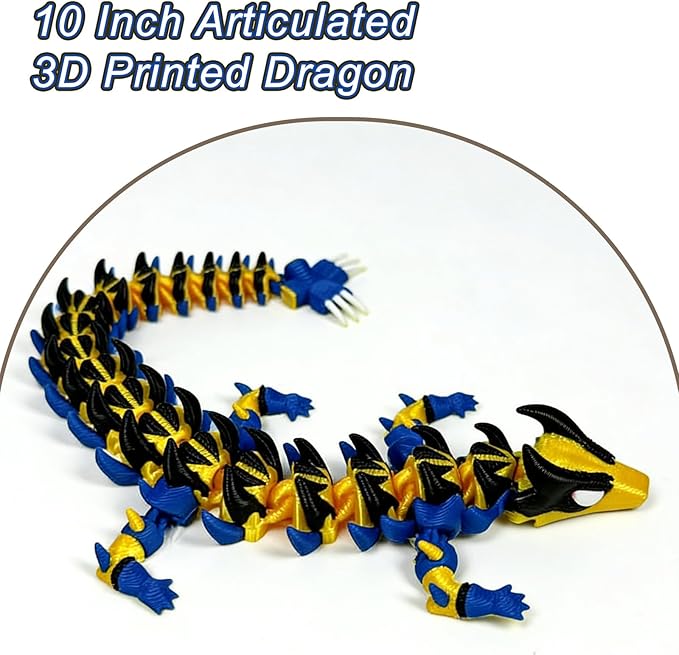 3D Printed Dragon,3D Printed Dragon Model,Flexible Articulated 3D Dragon Fidget Model,Unique 3D Printed Animals Gift and Desktop Decoration (Gold & Black-10 inch).