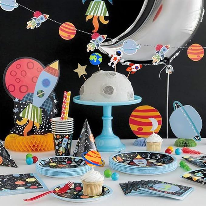 30pcs Outer Space Cupcake Toppers, Planet Party Supplies - Birthday Decorations, Rocket, Astronaut, Spaceship Themed Kids Children Party Supplies
