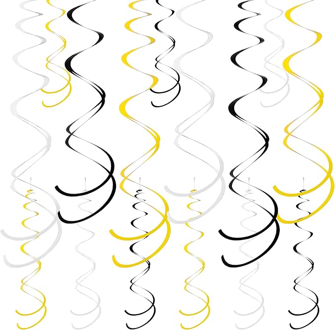 Colorful Ceiling Swirl Foil Decorations Hanging Plastic Streamer Themed Swirl Party for Halloween Graduation Celebration, Pack of 28 (Gold, Black and Sliver)
