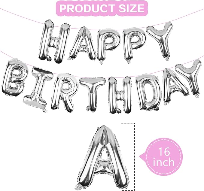 Silver Happy Birthday Balloons Banner (3D Silver Lettering) Mylar Foil Letters | Inflatable Party Decor and Event Decorations for Kids and Adults | Reusable, Ecofriendly Fun