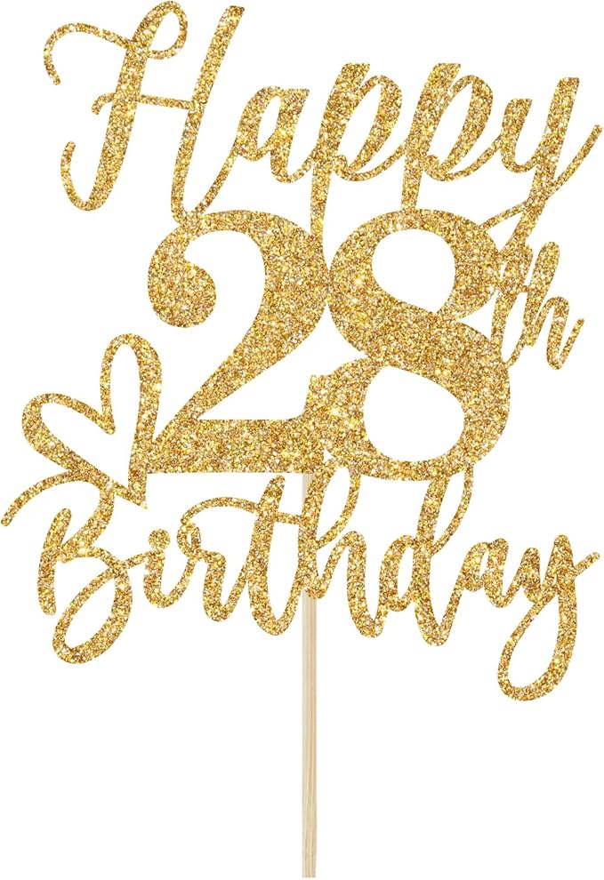 Happy 28th Birthday Cake Topper, 28th Birthday Decorations, Cheers to 28 Years, 28 Happy Birthday Party Supplies Gold Glitter