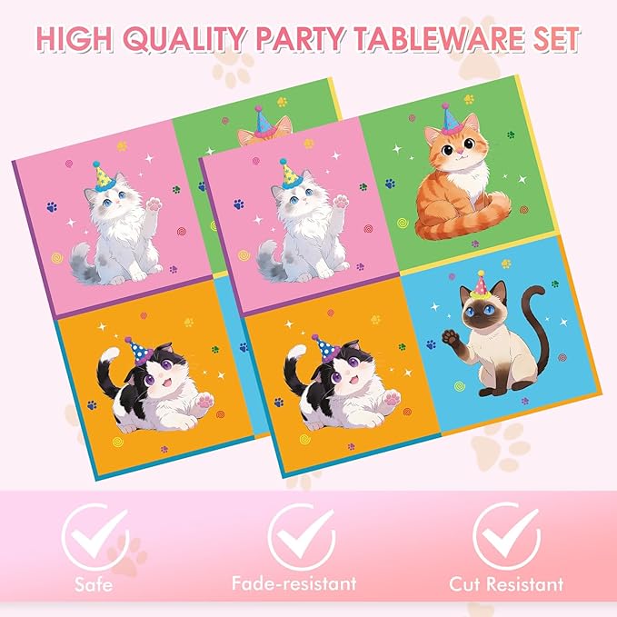 40Pcs Cat Birthday Decorations Tableware Set,Cute Kitten Theme Party Supplies Birthday Plates and Napkins Disposable Table Decor for Baby Shower Kids Birthday Gift,Serve 20 Guests
