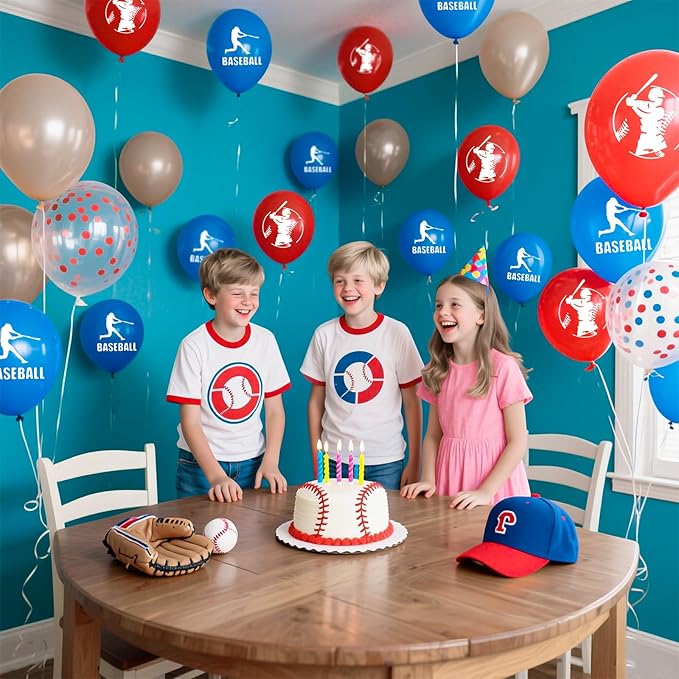 Baseball Balloons, 16Pcs 12Inch Red Blue Brown Confetti Baseball Party Balloons for Boys Kids Boy Baseball Birthday Sport Party Decorations Sports Themed Baby Shower Graduation Party Supplies