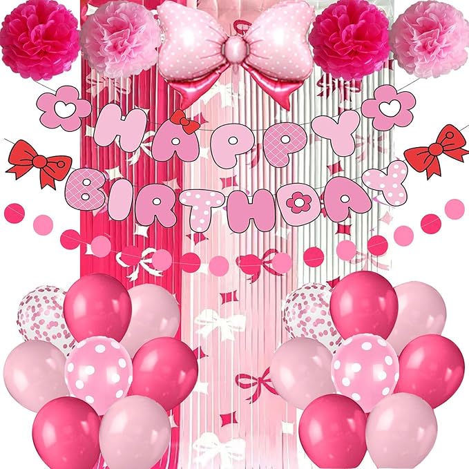Kitty Birthday Party Decorations, Pink Bow Theme Birthday Party Supplies with Banner, Balloons, Foil Fringe Curtains, Paper Garland Pull Flower, Tissue Paper Pom Poms