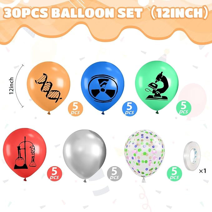 Science Party Balloons, 12 Inch Dark Light Blue Red Green Orange Metallic Silver Colorful Confetti Party Balloons for Boy Girl Science Birthday Party Decorations Baby Shower Lab Classroom Backdrop