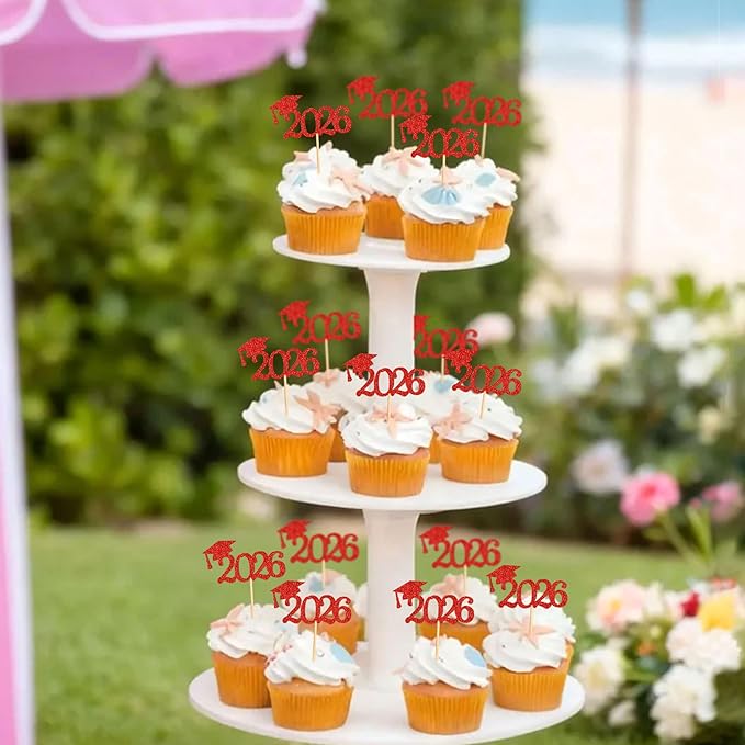 24 Pcs graduation cupcake toppers 2026, Food/Appetizer Picks For Graduation Party Mini Cake Decorations, 2026 Cupcake Toppers(Red)